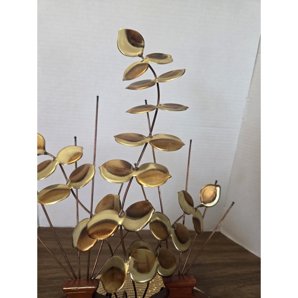 Vintage HOMCO Retro Brass Eucalyptus Leaves Sculpture Hopi Wood Planter - Picture 3 of 9